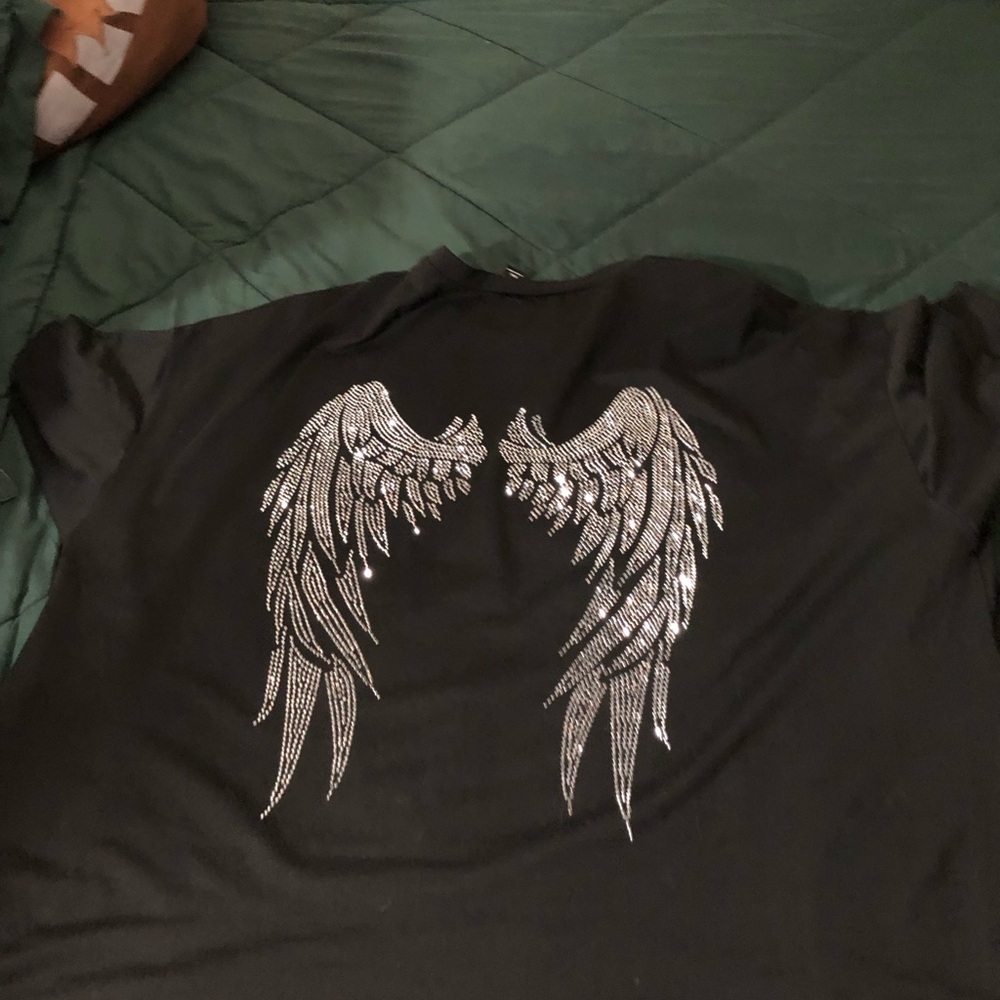 SHEIN Black Curvy Tee with Rhinestone Angel Wings Accent